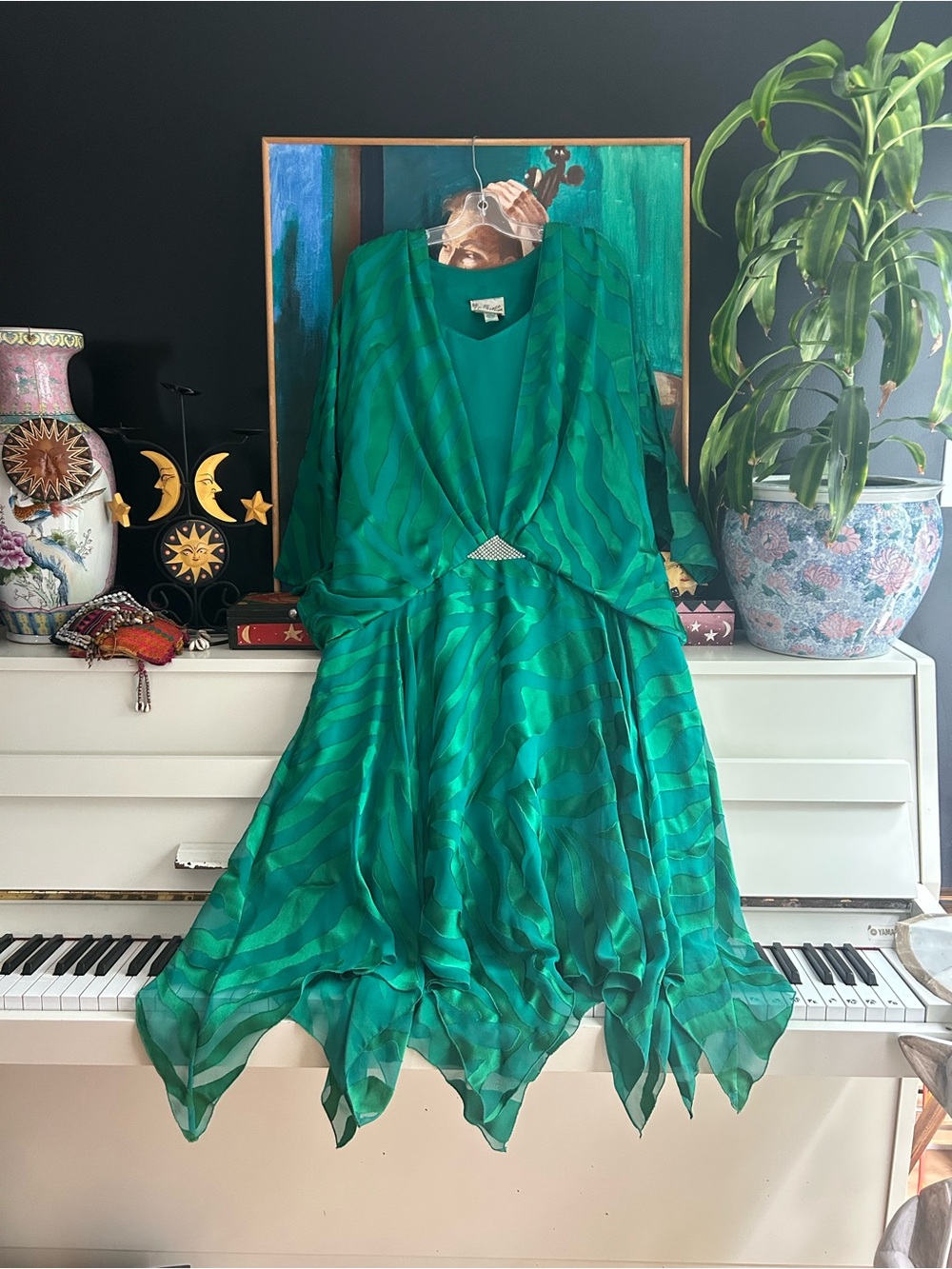 Vintage Emerald Chiffon Handkerchief Hem Dress & Jacket Set Made Canada 13/14